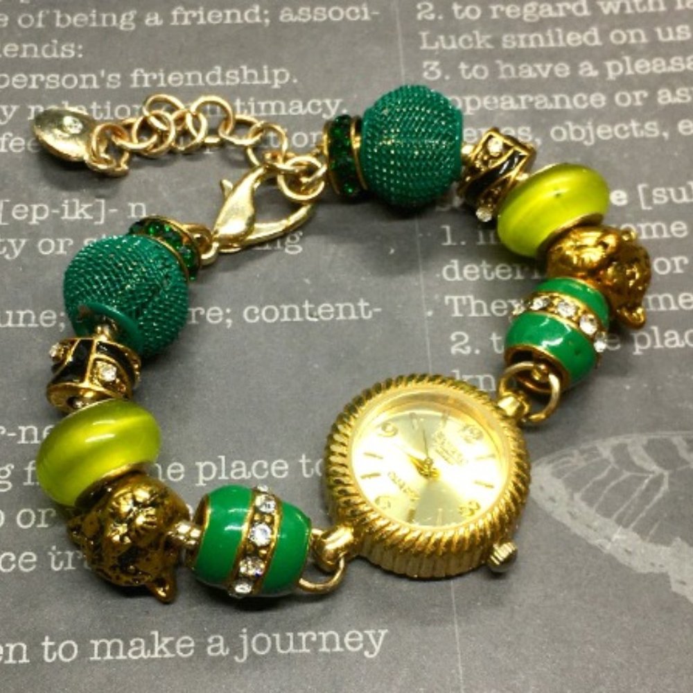 Figaro Retro Bright Shades of Green/Rhinestone/Beaded/Gold Tone Bracelet Watch